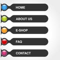 Template for web use. Menu rectangle buttons with text of Home, E-shop, Service, About us, FAQ, Contact. Dark gey label.