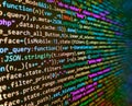 Template of website, selective focus. Close up of computer web page code inside of html file. Css3 code on a colorful background. Royalty Free Stock Photo