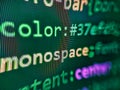 Template of website, selective focus. Developer display with source code. Programming code typing. Programmer working on computer Royalty Free Stock Photo