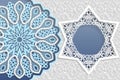 Template of wedding greetings or invitations. 3D mandala, star shaped frame with lace edges. Floral background on a surface. Place Royalty Free Stock Photo