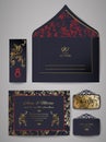Template wedding invitation and envelope with floral golden ornament. Royalty Free Stock Photo