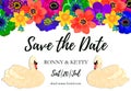 Template for wedding invitation with swans and flowers, save the date illustration or cards Royalty Free Stock Photo