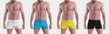 Template white; black, yellow, blue swimwear, trunks on brutal man, panties for design, front view Royalty Free Stock Photo