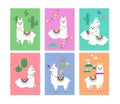 Cute llamas, alpacas and cactus illustrations for nursery design, poster, greeting, birthday card, baby shower design