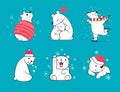 Set of hand drawn little polar bears in different poses on blue background with snowflakes. Christmas concept. Royalty Free Stock Photo