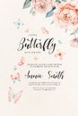 Templates for celebration, wedding invitation with watercolor peonies and butterflies. . Vintage design