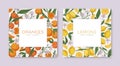 Templates with hand-drawn tropical citrus frames and white backgrounds. Square card design with lemon and orange fruits