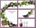 Templates for menu, invitation or labels with wine product elements and twigs of grape. Hand drawn sketch