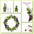 Templates for menu, invitation or labels with wine product elements, twigs of grape and wreath. Hand drawn sketch.