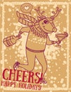 Templates for party poster, christmas deer drinking alcohol Royalty Free Stock Photo