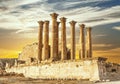 Temple of Artemis in the ancient Roman city of Gerasa at the sunset, preset-day Jerash Royalty Free Stock Photo