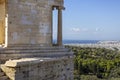 Temple of Athena Nike and aerial view of the city and sea with port of Piraeus in the distance, Athens, Greece