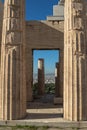 Temple of Athena from propylaea in the Acropolis, view of the columns of the temple. Vertical orientation