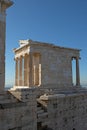 Temple of Athena from propylaea in the Acropolis, view of the columns of the temple. Vertical orientation