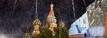 Temple of Basil the Blessed and fireworks in honor of Victory Day celebration WWII, Moscow, Russia. English translation from
