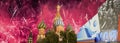 Temple of Basil the Blessed and fireworks in honor of Victory Day celebration WWII, Moscow, Russia. English translation from