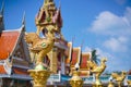 Temple. Beautiful architecture of Thai architecture in the temple with selective focus on the mythical golden bird according to