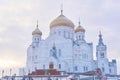 Temple of the Belogorsky Convent in Perm Krai, Russia on a foggy winter day Royalty Free Stock Photo