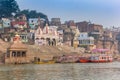 Temple and boats at the Scindia Ghat in Varanasi