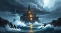 A pixel art illustration of a temple on a rocky island during a dramatic ocean storm Royalty Free Stock Photo