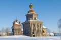 The temple complex of two wooden churches. Shelokhovskaya, Arkhangelsk region Royalty Free Stock Photo