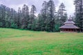 A Temple in Green meadows in himalayas, Great Himalayan National Park, Sainj Valley, Himachal Pradesh, India Royalty Free Stock Photo