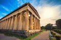 The Temple of Hephaestus in ancient market agora under the rock of Acropolis, Athens.