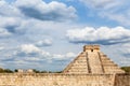 Temple of Kukulcan or the Castle and stone wall in foreground, the center of the Chichen Itza maya archaeological site, Yucatan, Royalty Free Stock Photo