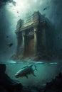 That Temple In The Lagoon. An eerie ruin surrounded by unknow flying and floating creatures. Generative AI(Real 300 DPI) Royalty Free Stock Photo