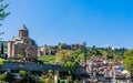 Temple of Metekhi, statue of Vakhtang Gorgasali and Narikala Fortress. Tbilisi. Georgia