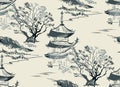 Temple nature landscape view vector sketch illustration japanese chinese oriental line art seamless pattern