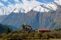 A temple near Larjung village on the Annapurna Circuit, Nepal. With the Dhaulagiri Range in the background