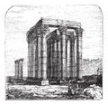 The Temple of Olympian Zeus or Columns of the Olympian Zeus, Greece, Athens. Vintage engraving