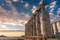 The Temple of Poseidon at Cape Sounion at sunset, over the Aegean Sea, Greece Royalty Free Stock Photo