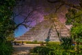 Temple Pyramid of Kukulcan El Castillo, Chichen Itza, Yucatan, Mexico, Maya civilization with Milky Way Galaxy stars night sky Royalty Free Stock Photo