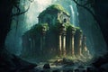 Temple ruins in fantasy mountains, Ancient temple ruins in a mystical jungle landscape