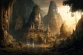 Temple ruins in fantasy mountains, old stone palace in jungle, generative AI