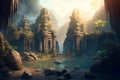 Temple ruins in fantasy mountains, old stone palace in jungle, generative AI Royalty Free Stock Photo