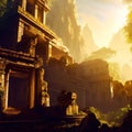 Temple ruins in fantasy mountains, old stone palace in jungle, Surreal mystical fantasy artwork. Generative AI Royalty Free Stock Photo