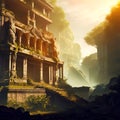 Temple ruins in fantasy mountains, old stone palace in jungle, Surreal mystical fantasy artwork. Generative AI Royalty Free Stock Photo