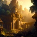 Temple ruins in fantasy mountains, old stone palace in jungle, Surreal mystical fantasy artwork. Generative AI Royalty Free Stock Photo