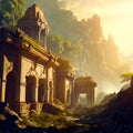 Temple ruins in fantasy mountains, old stone palace in jungle, Surreal mystical fantasy artwork. Generative AI Royalty Free Stock Photo