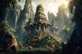 Temple ruins in jungle, old stone building and fairy waterfalls in mountain, generative AI