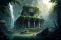 Temple ruins in jungle, old stone building and waterfall in mountain forest, generative AI Royalty Free Stock Photo