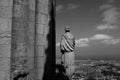 Temple of the Sacred Heart of Jesus, Tibidabo Mountain, Barcelona: rear view of an Apostle statue against awe inspiring view.