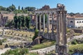 Temple of Saturn at Roman Forum, view from Capitoline Hill in city of Rome, Italy