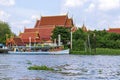 Temple scenery and passenger boat By the Chao Phraya River in Nonthaburi Province