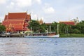 Temple scenery and passenger boat By the Chao Phraya River in Nonthaburi Province