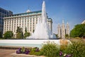 Temple square, foutain with the mormon temple in the background, Salt Lake City Utah Royalty Free Stock Photo