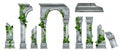 Vector marble roman pillar ruin set, Greek ancient architecture columns, green ivy leaves, climber plant.